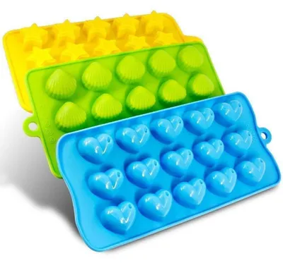 Produktbild von Eiswürfelform Silikon 3er Set, Herzen, Sterne, Muschel, für Eis, Schokolade, Süßigkeiten, Backofenfest, Mikrowellenfest