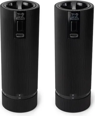 Two black electric grinders are shown side-by-side against a white background.