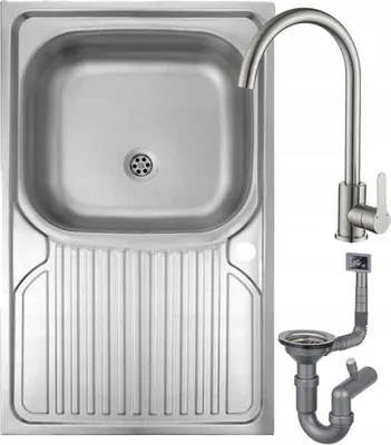 A stainless steel sink with a faucet and drain assembly, presented on a white background.