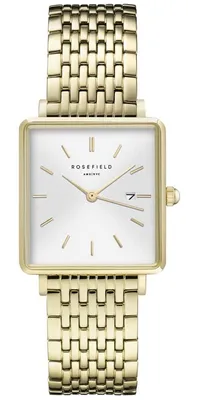 A studio shot of a gold Rosefield watch with a white face and a gold metal band.