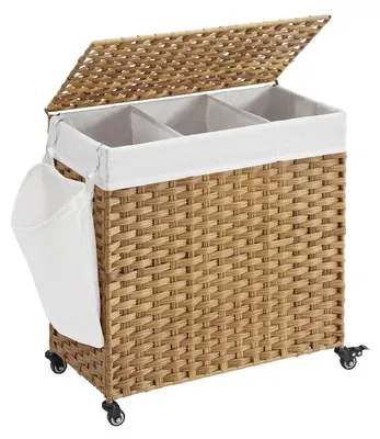 Obrázek produktu pro Koš na prádlo se 3 přihrádkami – skládací – proutěný – přírodní – 66 x 33 x 60 cm