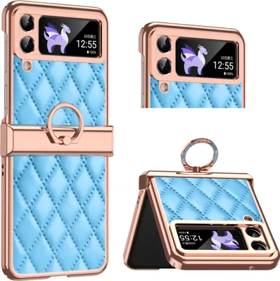 Produktbild von Luxus Leder Muster Galvanik Handyhülle für Samsung Galaxy Z Flip 4 5G mit Ringhalterung und Scharnierschutz Blau
