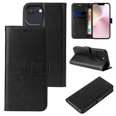 Produktbild von Handyhülle für Apple iPhone 17e Floral Blumen Schmetterling Flip Cover Hülle Case Klapphülle Handytasche Farbe: Schwarz