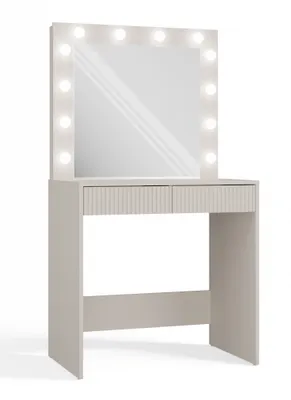 A vanity table with a mirror and lights.