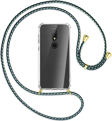 Produktbild von Handykette Backcover-Schutzhülle mit Band (Metall goldfarben) für Nokia 6.1 Plus / X6 - grün/blau/weiß