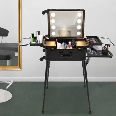 Image de Valise de voyage pour maquillage avec miroir et éclairage LED - noire - 21 pouces avec pieds réglables
