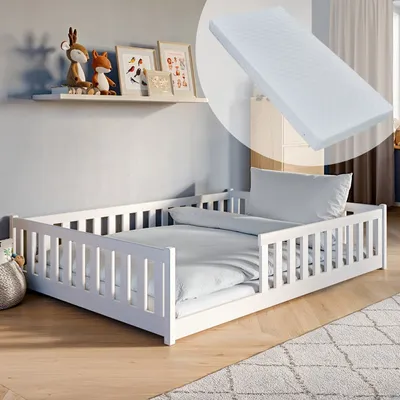 Image de Lit d'enfant lit de sol 140x200 cm Lit avec matelas, protection contre les chutes & sommier Montessori Enfant Lit d'adolescent | blanc pin massif garçon fille