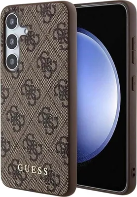 A close-up side view of a brown smartphone case with a repeating Guess logo pattern and a gold Guess logo at the bottom, placed next to a smartphone screen.