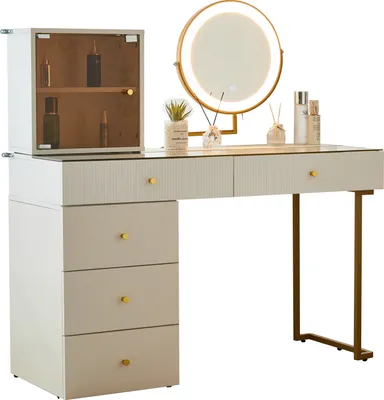 Produktbild von Schminktisch-Set mit LED-beleuchtetem Spiegel,weiß(ohne Hocker) transparenter Tischplatte aus gehärtetem Glas, Schminktisch-Seite und Schrank