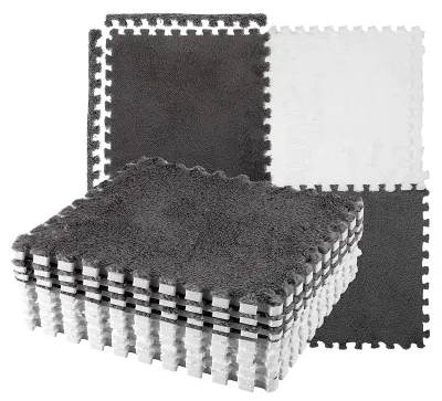 Produktbild von 10er Set Weiche Bodenmatten – Steckbare Plüsch Schaumstoff Fliesen, zuschneidbar & rutschfest, Teppich für Schlafzimmer, Grau/Weiß