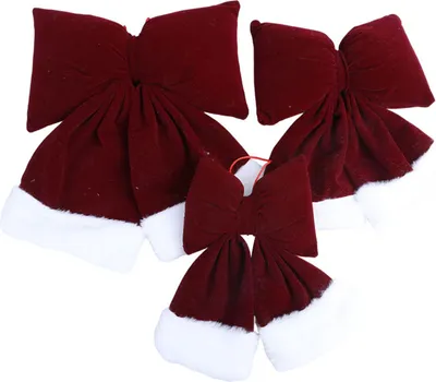 Produktbild von Weihnachtsschleife aus Samt, große, mit Plüsch gefüllte Schleife zum Aufhängen am Weihnachtsbaum mit flauschigem weißem Fellbesatz für die Dekoration von Weihnachtsbaum, Kamin und Party