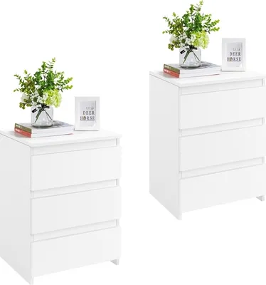 Produktbild von Yaheetech 2er Set Nachttische Nachtkommode mit 3 Schubladen Nachtschrank aus Holz Schubladekommode Beistelltisch für Boxspringbett Weiß, 45 x 35 x 60,5 cm