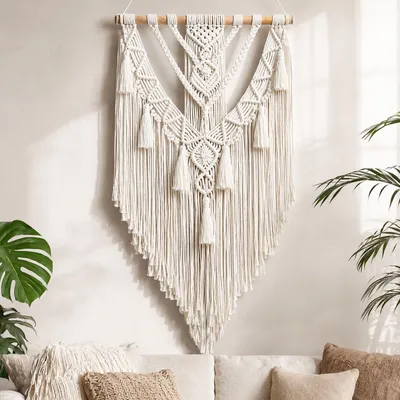 Zdjęcie produktu dla Makrama ścienna 70 x 40 cm, 100% bawełna, z frędzlami, do salonu