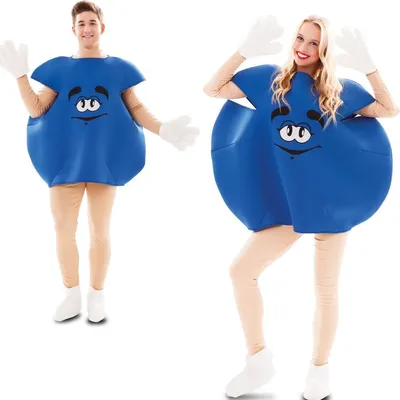 Two people wearing blue candy costumes.