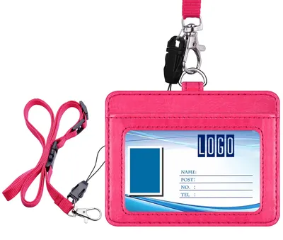 Image de Porte-cartes double face en cuir PU, avec lanière réglable (58,4 cm), pouvant contenir 3 à 4 cartes, noir, format horizontal, rose vif