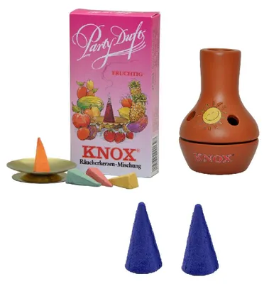 Produktbild von KNOX Räuchergefäß - Feuertöpfchen Bunt - mit Räucherkerzen Fruchtig (M) & 2x Waldfrucht (XXL) - fruchtiger Duft