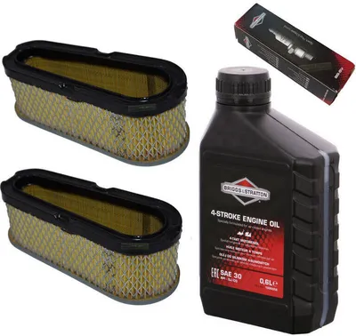 A set of maintenance parts for a Briggs & Stratton engine, including two air filters, a bottle of engine oil, and a spark plug in its packaging.