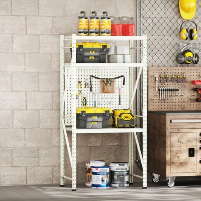 Produktbild von FLEXISPOT Werkbank aus Stahl, Arbeitstisch mit Lochwänden und oberer Ablage, Lagerregal bis 200 kg, für Werkstatt, Lager, Büro und Haushalt (Grün)