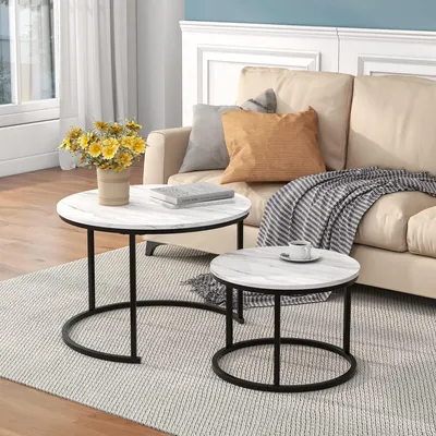 Couchtisch-Set 2er, rund, Marmoroptik, Metallgestell, 69,5/49,5 cm
