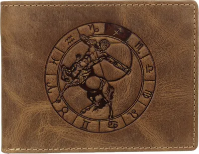 Produktbild von Greenburry Geldbörse Herren Leder braun antik Vintage mit Sternzeichen Motiv SCHÜTZE Prägung Portemonnaie 12,5 x 9,5cm