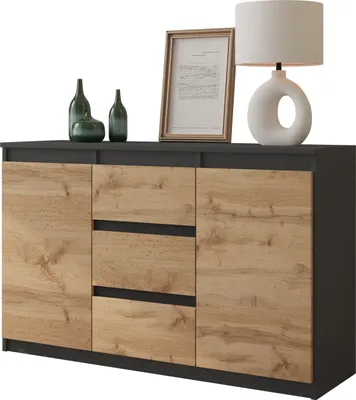 Obrázok produktu pre FURNICA - MIKEL - Komoda s 3 zásuvkami a 2 dvierkami - antracitovo sivá / dub Wotan V75cm Š120cm H35cm