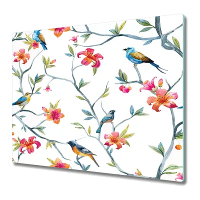 Produktbild von Küchenplatte - Schneidebrett Glas - Herdabdeckung - 60x52 - Frühling Vögel Blumen Aquarell