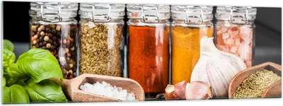 Produktbild von Bilder auf glas - Gewürze Knoblauch Holz Salz - 160x50cm - Glasbilder - Wandbilder - Kunstdruck - zum Aufhängen bereit - Wanddekoration aus Glas - Glas Bilder - Wandbild auf Glas - GAB160x50-2896