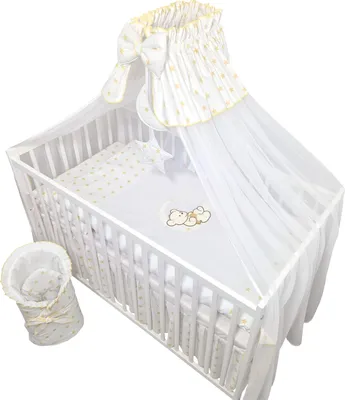 Image de lit de bébé 13 pièces lit d'enfant et literie set complet Timmi y compris matelas réglable en hauteur pour nouveau-nés et enfants en bas âge en bois massif brodé (ourson lune étoiles dorées)