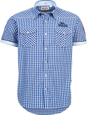 A blue and white checkered short-sleeved shirt.