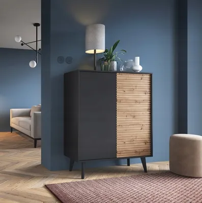 Produktbild von Kommode mit 2 Türen Marsh - Hochkommode, Sideboard mit Lamellen, Loft, Modern - PUSH TO OPEN (Artisan Eiche / Schwarz)