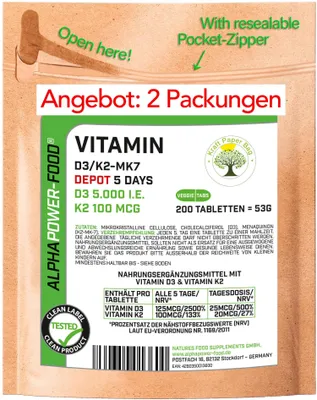 Produktbild von 2 Packungen Vitamin D3 + K2 MK7 Tabletten Kapseln hochdosiert 5000 I.E. für 2000 Tage