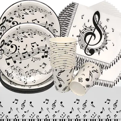 Image de Ensemble de vaisselle d'anniversaire sur le thème de la musique, comprenant 61 pièces, idéal pour les fêtes