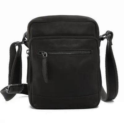 A black leather crossbody bag is shown against a white background.