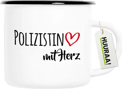 Produktbild von Huuraa Emaille Tasse Polizistin mit Herz 300ml Vintage Campingbecher Geschenkidee