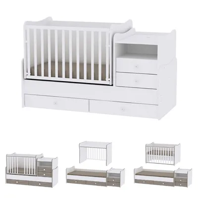 A collage of images showing a convertible baby crib/bed and its different configurations.