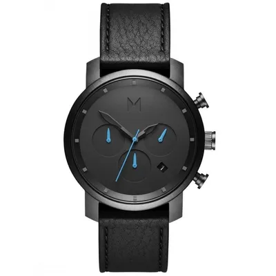 A close-up studio shot of a black chronograph watch with a black leather strap.