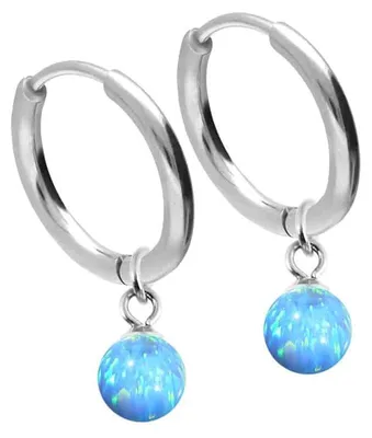 Produktbild von Chirurgenstahl Ohrclicker Creolen SYNTHETISCHER OPAL Farbe: Silber + Opal: Hellblau Innendurchmesser: 10 mm