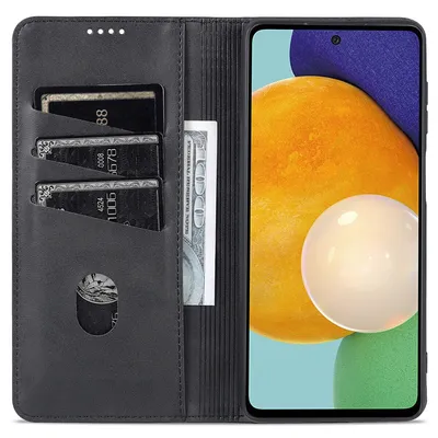 A black leather wallet-style phone case is open, showing credit cards and a bill on the left, and a smartphone with a colorful abstract wallpaper on the right.