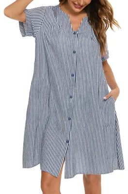 Produktbild von YOZLY Hauskleid Damen Baumwolle Staubwedel Robe Kurzarm Hausmantel Knopfleiste N