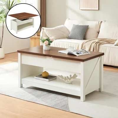 A living room scene with a coffee table in the foreground and a sofa in the background.