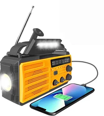 Zdjęcie produktu dla Przenośne radio awaryjne Unyqoos® z panelem słonecznym – 8000 mAh, FM/AM, korba ręczna i funkcja ładowania USB, alarm SOS, 3-stopniowa lampa LED, lampka do czytania, kompas
