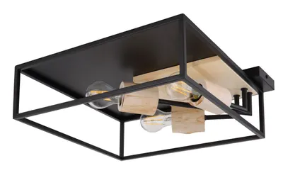 Produktbild von Globo Lighting Deckenleuchte Metall schwarz matt, Holz naturfarben, LxBxH: 440x440x145mm, exkl. 3x E27 15W 230V
