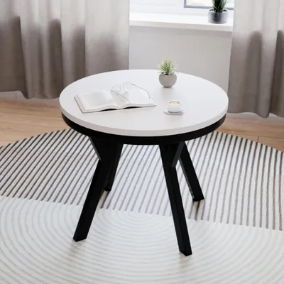 Produktbild von Esstisch ARI Rund 90-190 cm Ausziehbar Weiß Matt Metallbeine Schwarz