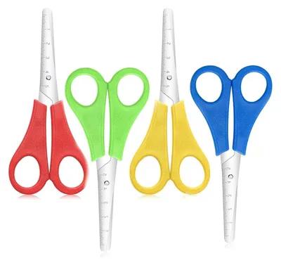 Produktbild von 4 Stück Kinderschere Set, Schere Schule Klasse, Bastelschere Kinder, Kinderscheren, Schere mit Stumpfer Spitze, Lernschere mit Skala, Abgerundete Spitzen Scheren Kinder