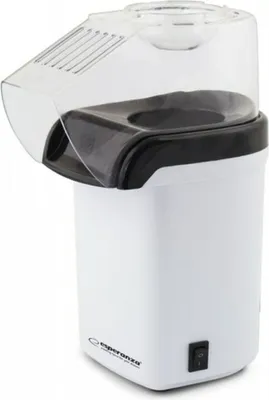 A white and black popcorn maker with a clear lid.