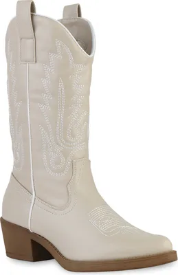 Produktbild von VAN HILL Damen Stiefel Cowboystiefel Stickereien Boots Spitze Schuhe 839883, Farbe: Beige Weiß, Größe: 40