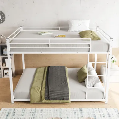 Produktbild von MODFU Etagenbett Kinderbett 140x200cm mit Leiter, Hochbett mit Rausfallschutz, Metallbett Eisenbett Stockbett mit Metallrahmen, Jugendbett Bettgestell, Weiß