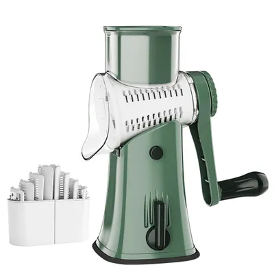 A green rotary grater with interchangeable blades is shown against a white background.