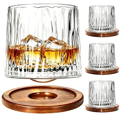 Kristallglas-Set, 4 x 275 ml, drehbar, mit Holzuntersetzer