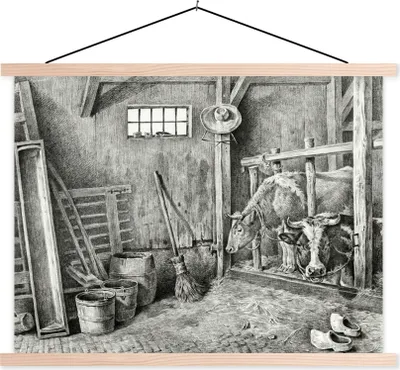 Produktbild von MuchoWow® Textilposter Pferdestall mit zwei Kühen - Gemälde von Jean Bernard 150x113 cm mit holzfarbenen Rahmen - Poster